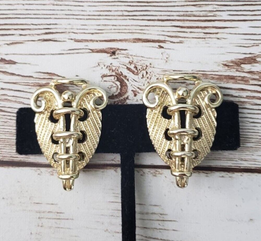 Vintage Clip On Earrings 1.25" Gold Tone Statement Earrings Very Unusual